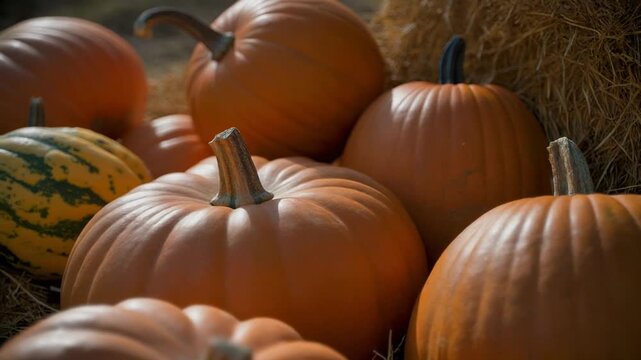 Close-up of a pile of pumpkins and gourds on a sunny autumn day, perfect for fall harvest and Halloween themes.