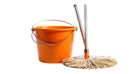 Orange bucket and mop against black background, ready for floor cleaning