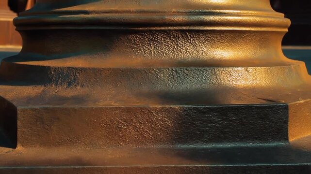 Close-up of an ancient, weathered bronze pillar base with intricate carvings and warm golden light.