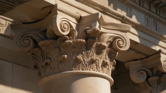 Close-up of an ornate Corinthian column capital on a historic building, showcasing intricate architectural details and classical design elements in warm sunlight.