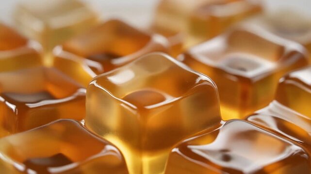Close-up of golden jelly cubes being picked up with tongs, a sweet and delicious dessert.