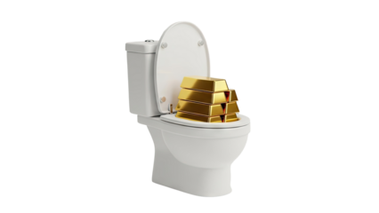3D Gold bars stacked inside a toilet bowl on transparent background