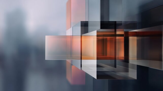 Abstract geometric shapes with varying transparency and vibrant colors set against a soft blurred urban background for modern design concepts