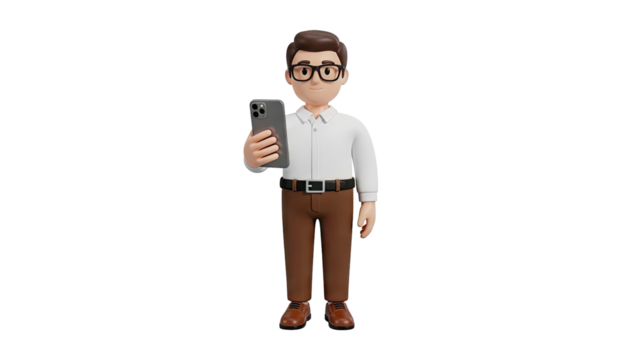 3D Cartoon Man with Glasses Holding a Smartphone on transparent background - Powered by Adobe