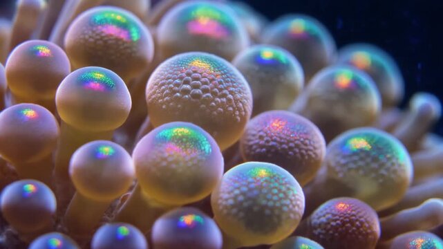 Close-up of vibrant, iridescent coral polyps in an underwater reef environment.