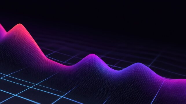 Abstract digital waveforms with neon colors and grid pattern on a dark background representing sound, technology, and data visualization concepts - Powered by Adobe