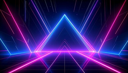 Geometric neon lighting forming a vibrant tunnel in digital space