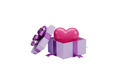 3D Pink heart in a purple gift box with ribbon on transparent background
