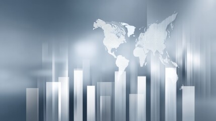 Abstract World Map Overlay with Gradients and Vertical Bars Representing Data Growth in Finance and Business Concepts in Blue Tones