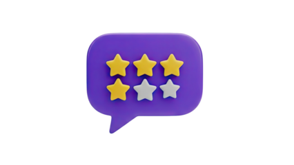 3D Speech bubble with three yellow and three gray stars rating on transparent background