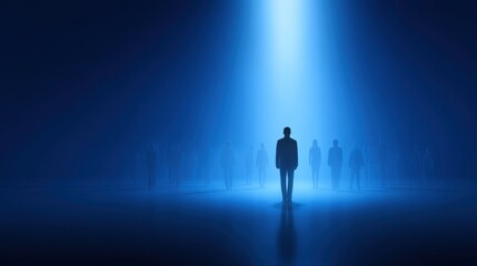 Obraz premium Mysterious Scene with Silhouetted Figures in Dark Atmosphere Illuminated by a Single Beam of Light Creating an Eerie and Intriguing Ambiance