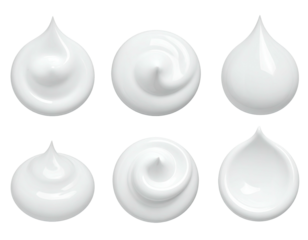 Close-up of six swirls of white, creamy substances on black