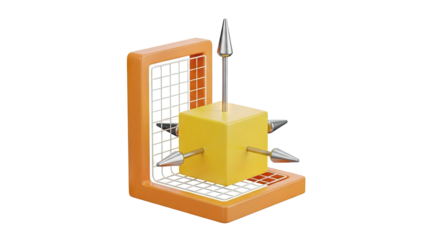 3D Abstract 3D yellow cube with spikes in orange frame on transparent background