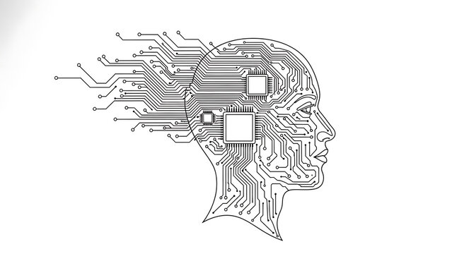 artificial intelligence concept illustrates a human head profile as a circuit board symbolizing digital brain power and future computing. - Powered by Adobe