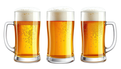Three frosty, golden mugs of foamy, frothy alcoholic beverage