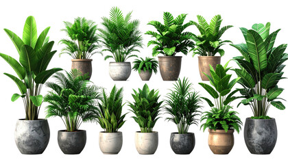 A collection of various potted plants, showcasing diverse green foliage