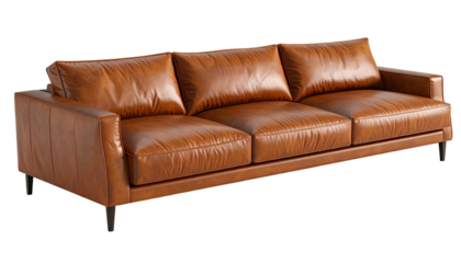 A luxurious, leather three-seater sofa with square arms and dark legs