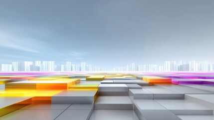 Fototapeta premium Futuristic Cityscape with Colorful Cubes and Abstract Shapes on a Bright Horizon under a Blue Sky with Gentle Clouds