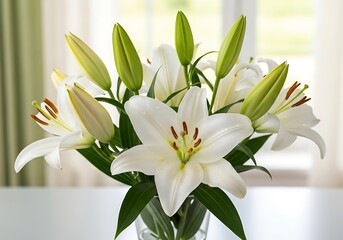 Fototapeta premium Fresh white lilies and green buds arranged elegantly in a glass vase in a bright room.