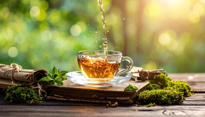 Clear tea being poured into a glass cup with steam, on a table. Green foliage bokeh background
