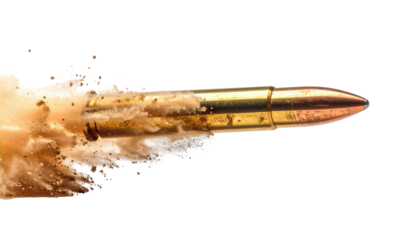 A fast, close-up shot of a bullet in mid-air with explosion details