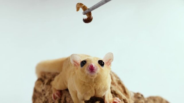 Sugar Glider Petaurus Breviceps Looking Up at Mealworm During Studio Feeding