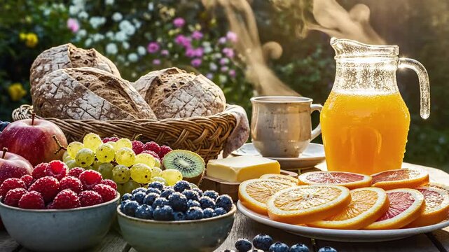 Breakfast spread with fruit juice bread and fresh berries sunlight morning scene