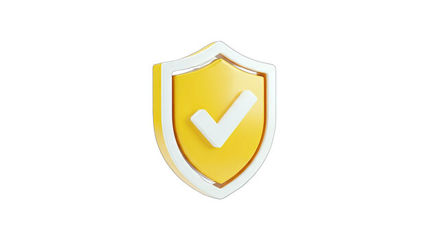 3D Yellow shield with white checkmark icon 3d render on transparent background