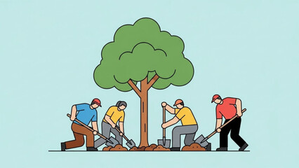 Four people planting a tree with shovels in a collaborative gardening effort outdoors