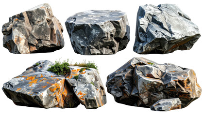 Five irregularly shaped rocks, some with vegetation, isolated on black