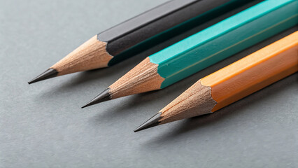 Three sharpened wooden pencils with graphite tips resting on a textured gray surface, closeup view