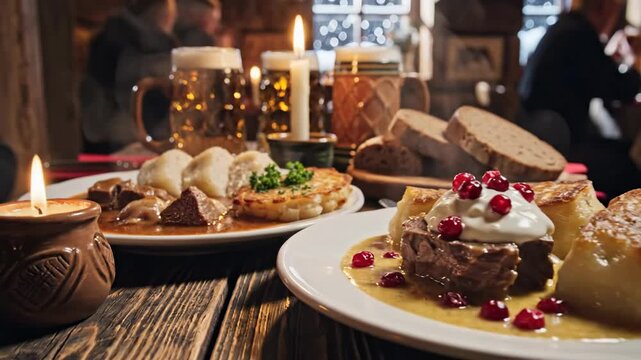 Close up of food plate with dumplings meat sauce and beer mugs