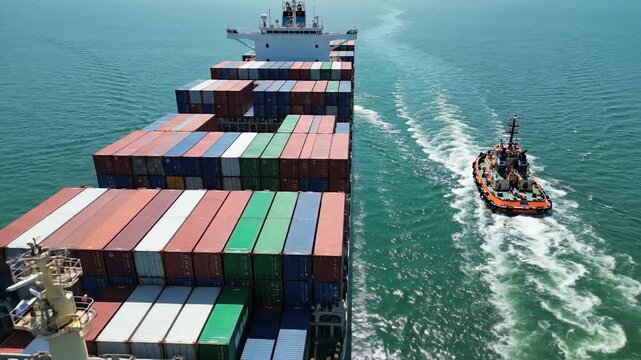 Large cargo ship with escorting tugboat sailing on blue ocean water