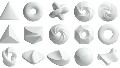 Collection of white 3D geometric shapes isolated on a black backdrop