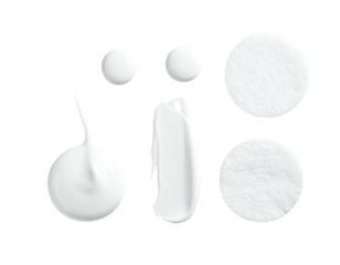 White cosmetic skincare products, droplets, swatches, and pads on black