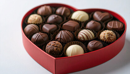 Red heart-shaped box tightly packed with various gourmet chocolate truffles and bonbons