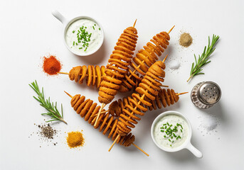 Fried Tornado Potatoes on Skewers with Dipping Sauce