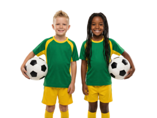 Smiling Diverse Young Soccer Players Holding Soccer Balls in Green and Yellow Uniforms