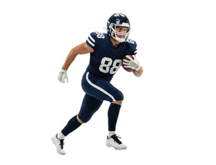Male American Football Player in Navy Blue Uniform Running with Ball on White Background