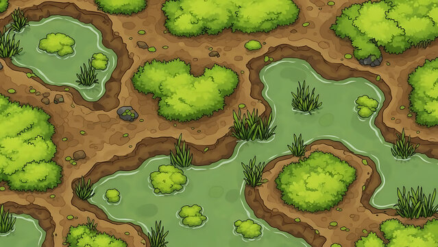 Vibrant top-down illustration of a serene swamp landscape with lush green vegetation, murky water puddles, and earthy terrain, creating a natural wetland environment