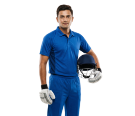 Confident Asian Cricket Player in Blue Uniform with Helmet and Gloves on White Background