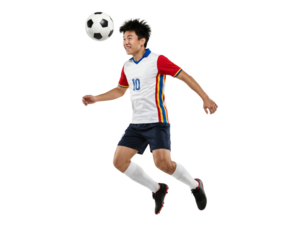 Young Asian Man Heading Soccer Ball on White Background