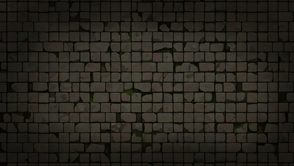 Rustic Stone Wall Texture with Grout and Green Moss Accents