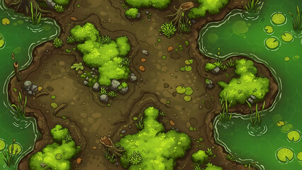 Overhead view of a lush green swampy terrain with mossy rocks and calm water, a natural, vibrant landscape illustration