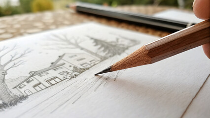 Closeup of hand drawing a landscape sketch with a wooden pencil on textured paper