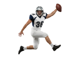 Dynamic American Football Player in White Uniform Jumping with Football