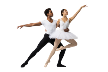 Professional Ballet Dancers in Graceful Duet Pose on White Background