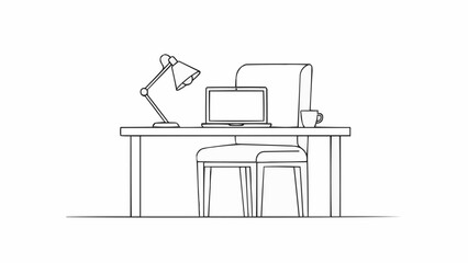 Clean line drawing of a modern office desk with laptop and lamp.