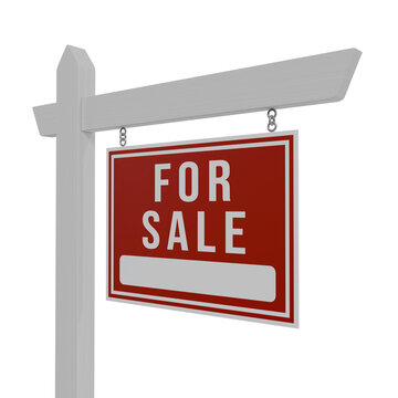 3d render Real estate for sale sign on white wooden post with red hanging board and blank space for contact info