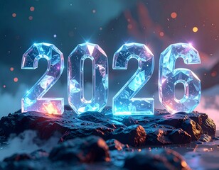 Glowing, crystalline "2026" on a dark, rocky terrain; ethereal background